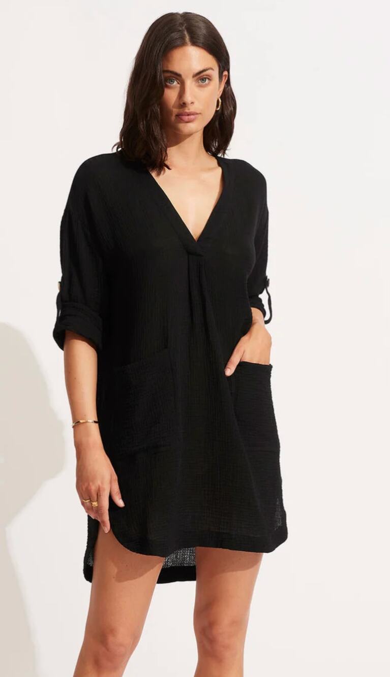 SEAFOLLY Womens Essential Swim Cover Up Dress Size 8 Black Lightweight Gauze NWT